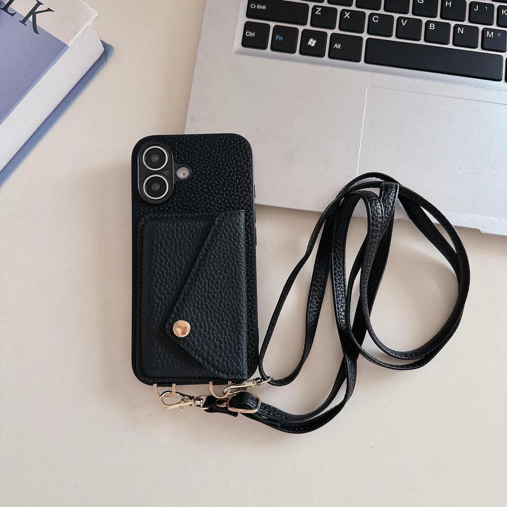 iPhone 17 Case: Lychee Pattern Leather Crossbody Lanyard Card Holder Protective Case for Apple 14 Pro