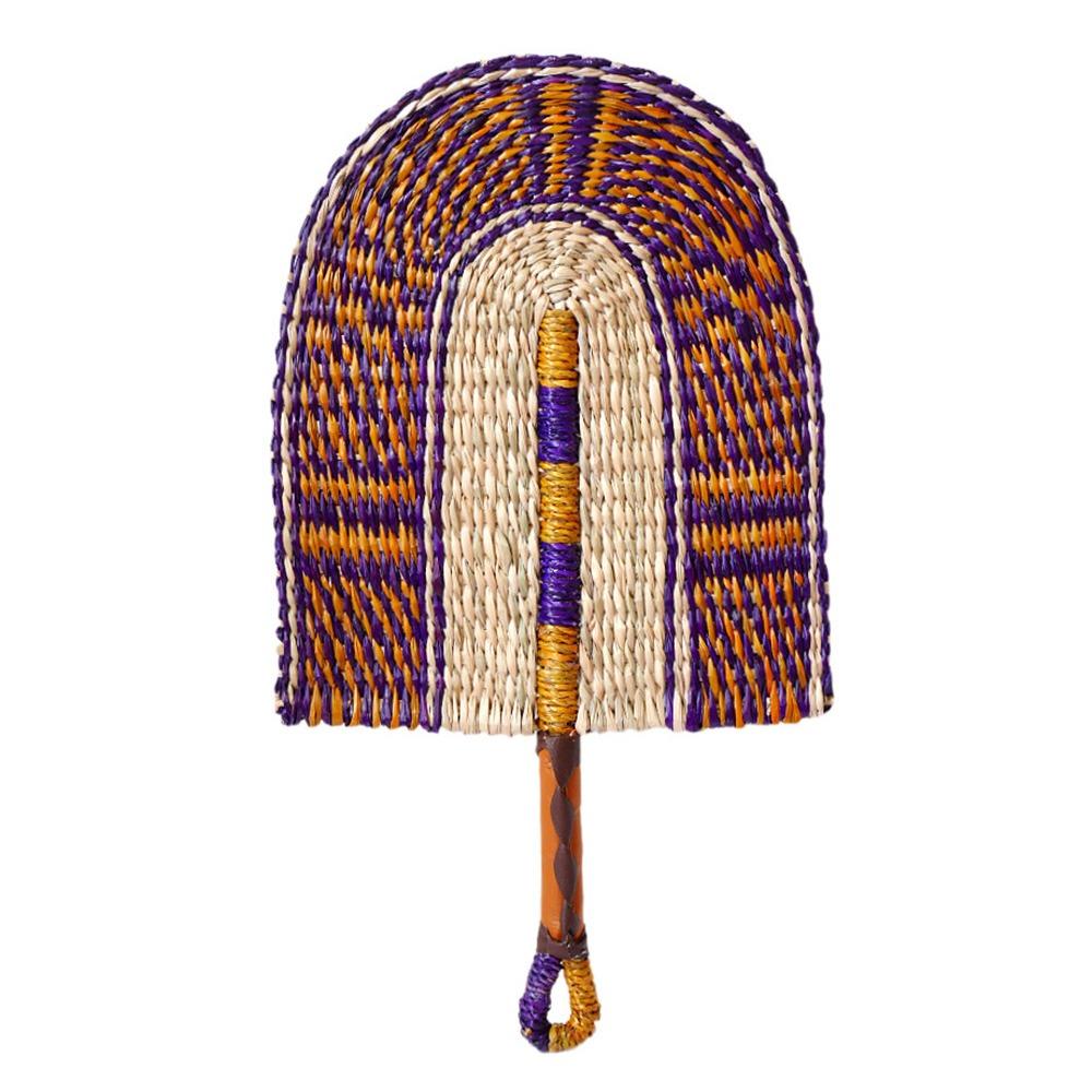 Colorful Striped Patterns Seagrass Woven Fan Vintage Anti-Mosquito Hand Braided Fan Natural Portable Cattail Fan School/Office