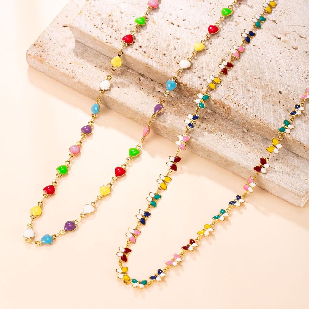 European & American Stainless Steel Drip Glaze Butterfly Heart Necklace - Sweet, Colorful, Light Luxury Clavicle Chain