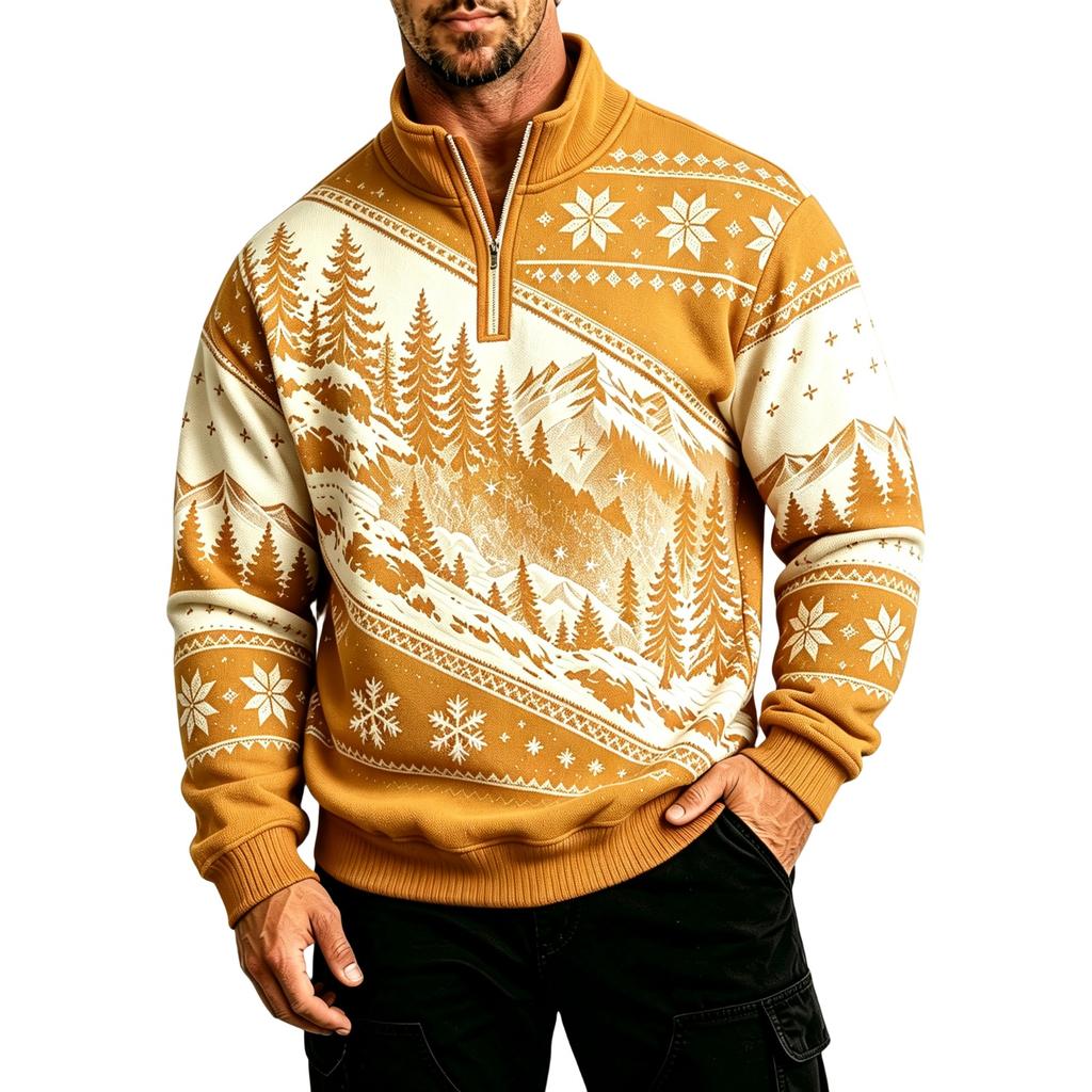 Men's Casual Zip-Up Lined Sweatshirt with Stand Collar Long Sleeve Print for Fall and Winter