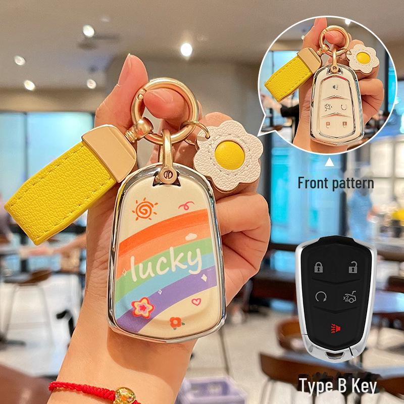 Cadillac CT5 Rainbow Cartoon Pattern Key Cover: Full Package TPU Protective Shell for XT5/XT4/XT6 Model.