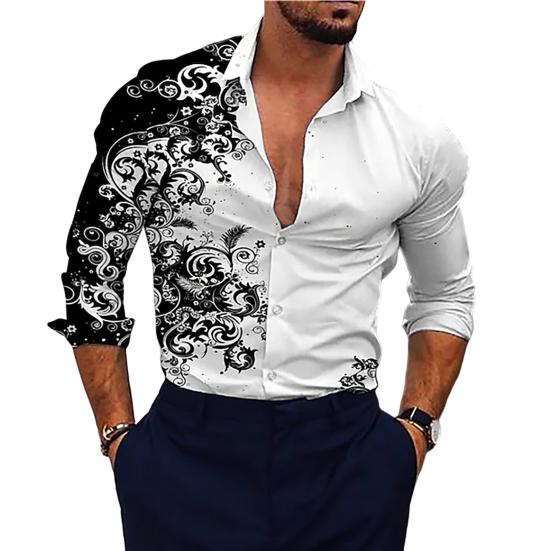 Men Shirt Gradient 3D Printed Long Sleeve Turndown Collar Slim Fit Temperament Button Down Shirt Men Clothing