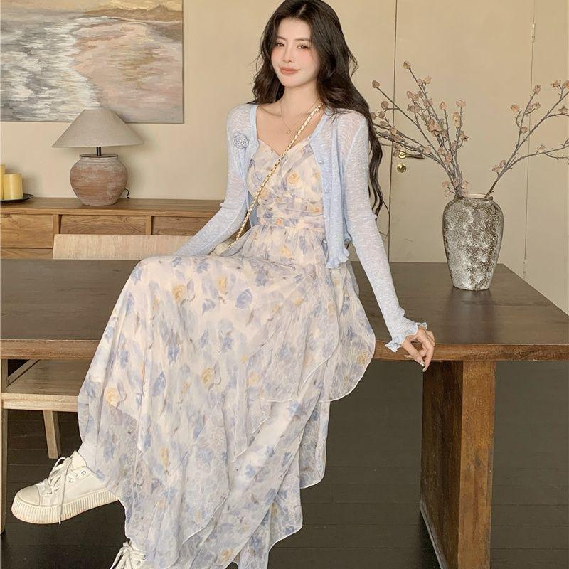 Women's Floral Ruffle Strappy Skirt & Cardigan Set for Spring/Summer 2026 Fashion