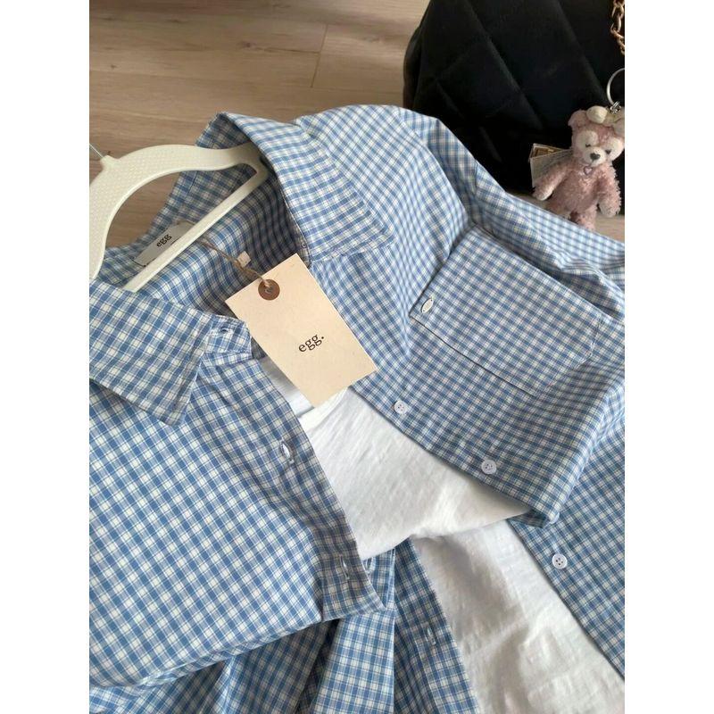 

French style Retro Blue Plaid Stripe Polo Collar Thin Sun Protection Shirts Women Spring and Summer Loose All-Match Casual Shirt Blue S