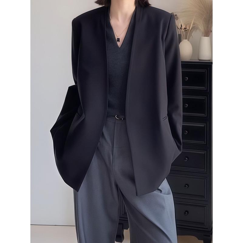 Women Loose Fit No Collar Blazer Spring Jacket Oversized Casual Suit Coat