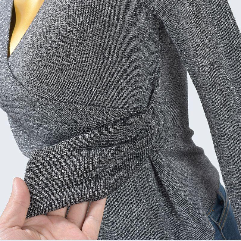 Spring and Autumn Knitting V Neck Cross Short Long Sleeves Pullover Pure Color Silver Silk Pure Color Silm High Elasticity Soft Women