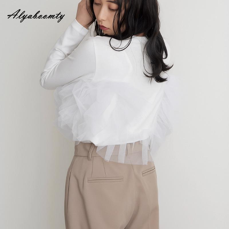 Korean Ulzzang Spring Autumn Women Streetwear Top O Neck White Gray Black Ruffles Patchwork T-Shirt Stylish Feminine Ladies' Tee