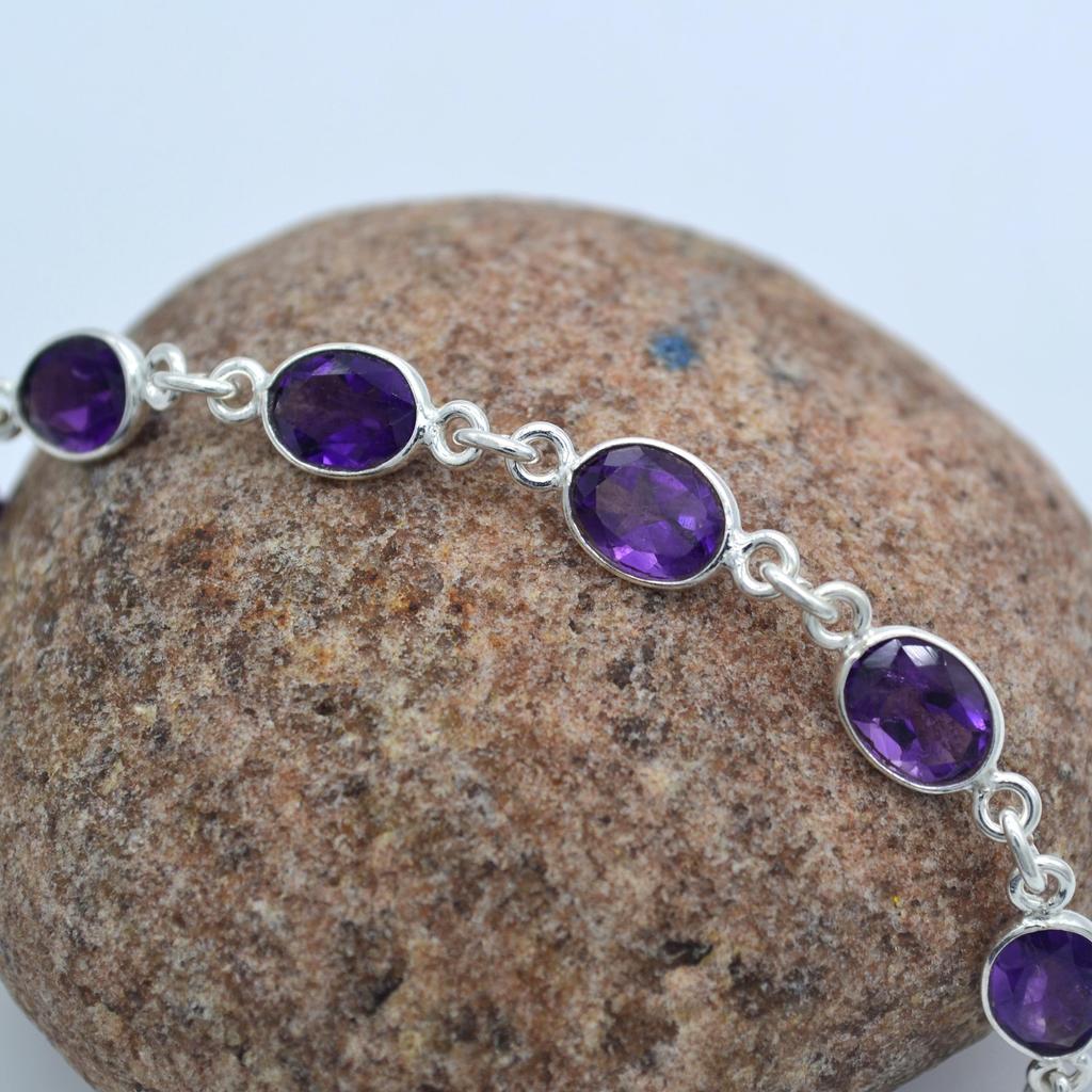 Damen-Armband mit Amethyst-Edelstein, massiv, 925er-Sterlingsilber, handgefertigter Schmuck, 19,1 cm