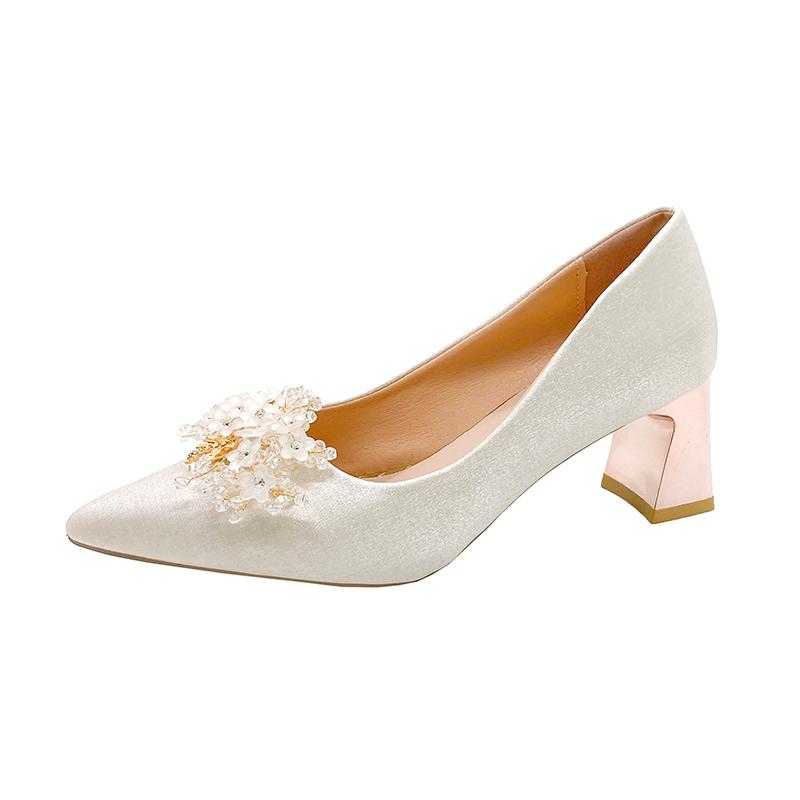 Low Top Single Shoes Fashion Pointed Toe Shallow Slip Rhinestone Flower Slip-on Non-Slip Heels