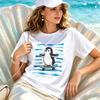 Trendy Skate Penguin Ocean Stripes Watercolor Art T Shirt Navy Premium Cotton Short Sleeve Sea Animal Beach Travel Souvenir Tee