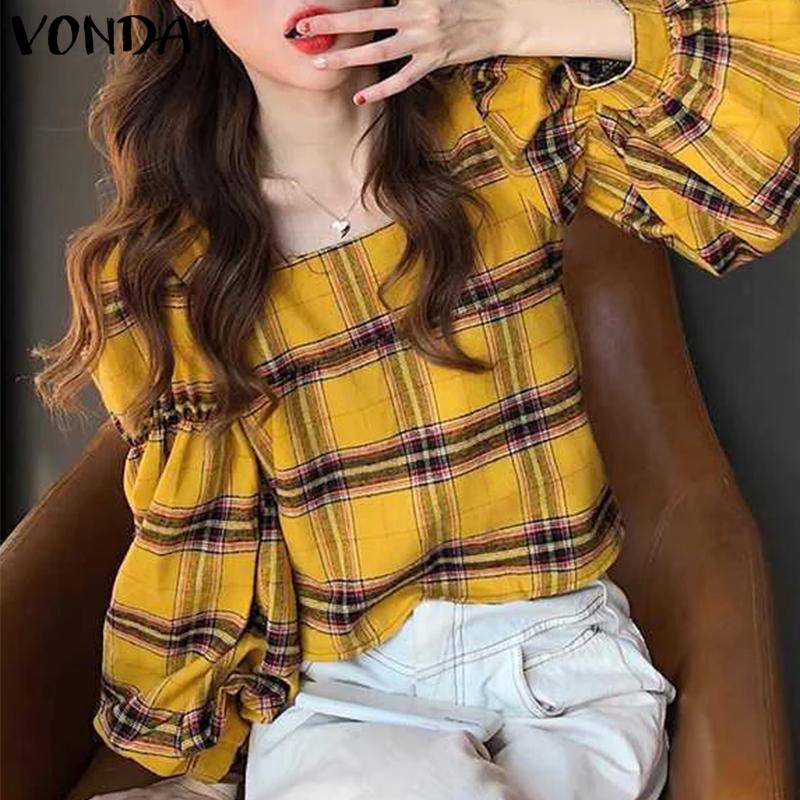 

VONDA Весенние женские повседневные свободные топы в клетку с длинными рукавами