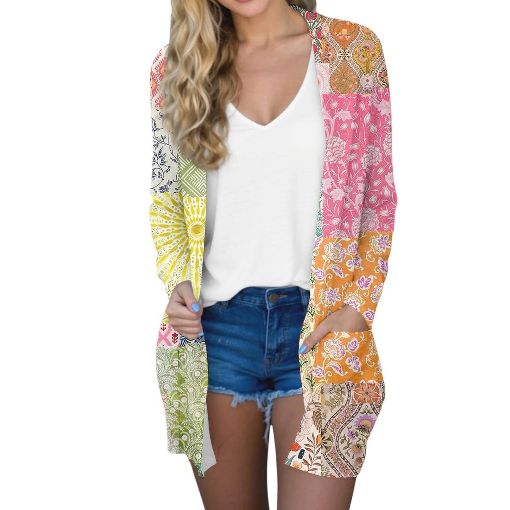 Women's Fashion Casual Comfort Floral Print Mid-Length Cardigan Jacket