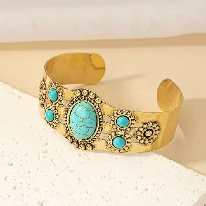 Turquoise Retro Court Style Open Bangle for Women, Japanese and Korean INS Inspired, Chic Niche Design