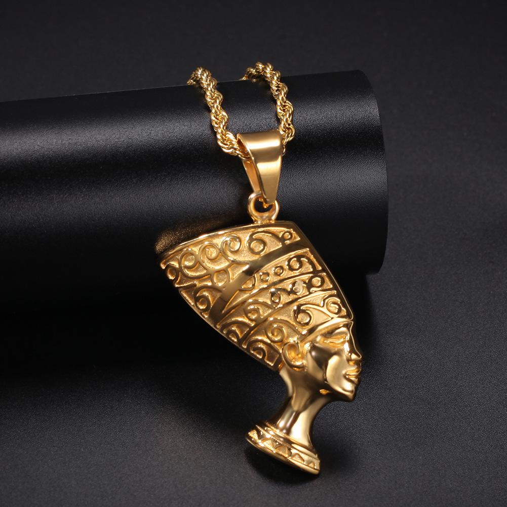 Trendy zlato černá s egyptským vzorem Přívěsek Kleopatra z nerezové oceli Studentský mužský a ženský oblíbený retro hip-hopový ornament