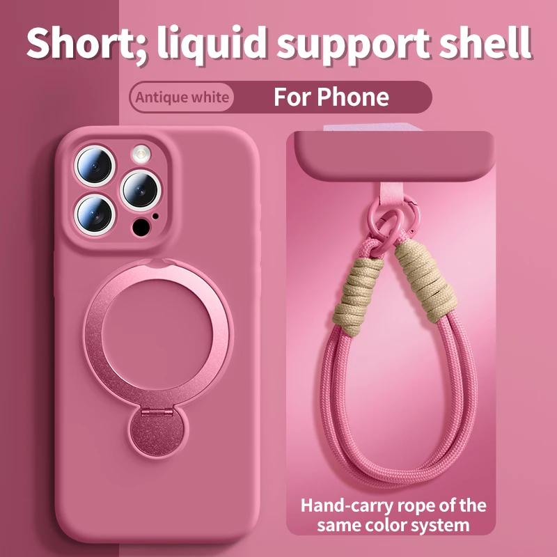 Liquid Silicone Magnetic Phone Case For Magsafe IPhone 13 14 15 16 Pro Max With Hanging Wrist Rope Strap Bracket Protective