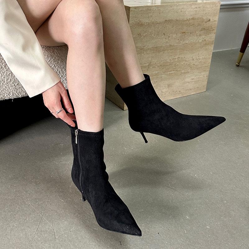 Fashion Fashion Flock Women Ankle Boots Zippers Shoes Female Thin Heels Pointed Toe Sexy Ladies Short Modern Boots Pumps Shoes