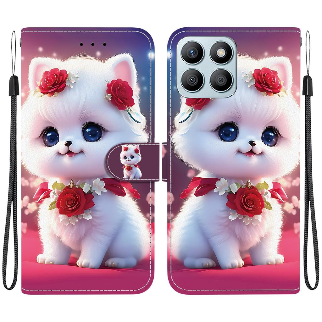 Handmade PU Leather Flip Case for Honor X8b Anti-Slip Shockproof Cover with Wrist Strap & Heart/Rose Cat Designs