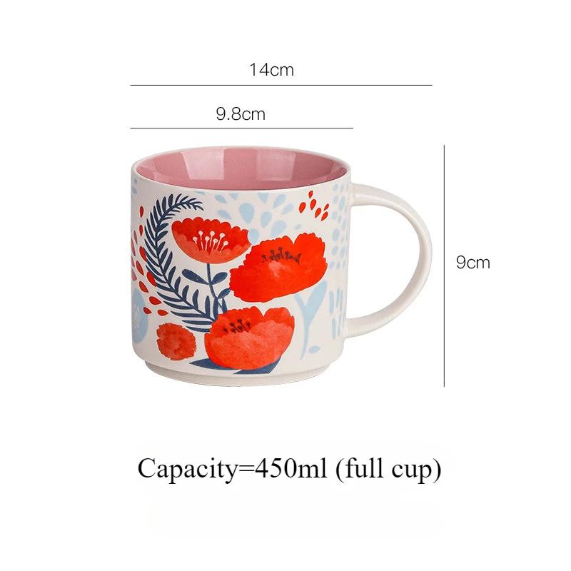 

Керамическая кружка с цветочным узором и птицами, кружка ручной работы для дома, кофейные кружки большой емкости, устойчивые к ожогам, чашка для завтрака, овсянки, молока, чая 450ml