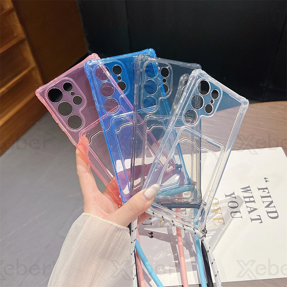 Luxury Card Bag Clear Wallet Crossbody Necklace Strap Case For Samsung S25 S24 S23 Ultra S22 S21 FE A55 A54 A53 A35 A33 5G Cover