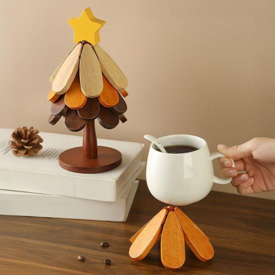 Christmas Tree Trivet Mats Set Heat-Resistant Wood Tripod Pot Holder Stain Resistant Table Protectors for Kitchen Dining