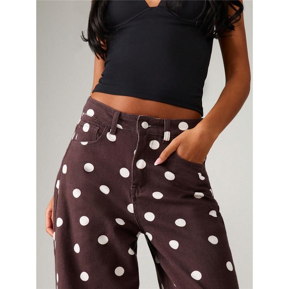 Fashionable Women's Polka Dot Loose Casual Mid-waist Denim Trousers