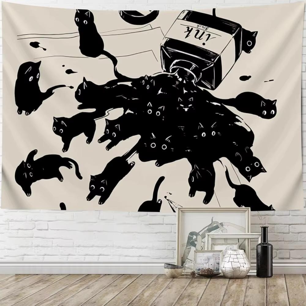 VIKAMA Healing Cat Wall Hanging Black Cat Peeking Out of Teacup Design Bedroom Living Room Feature Wall Decor