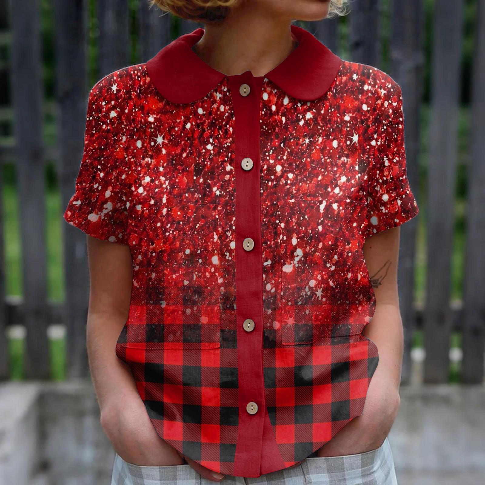 

Женский повседневный модный топ с принтом, круглым вырезом и короткими рукавами на пуговицах XL винный