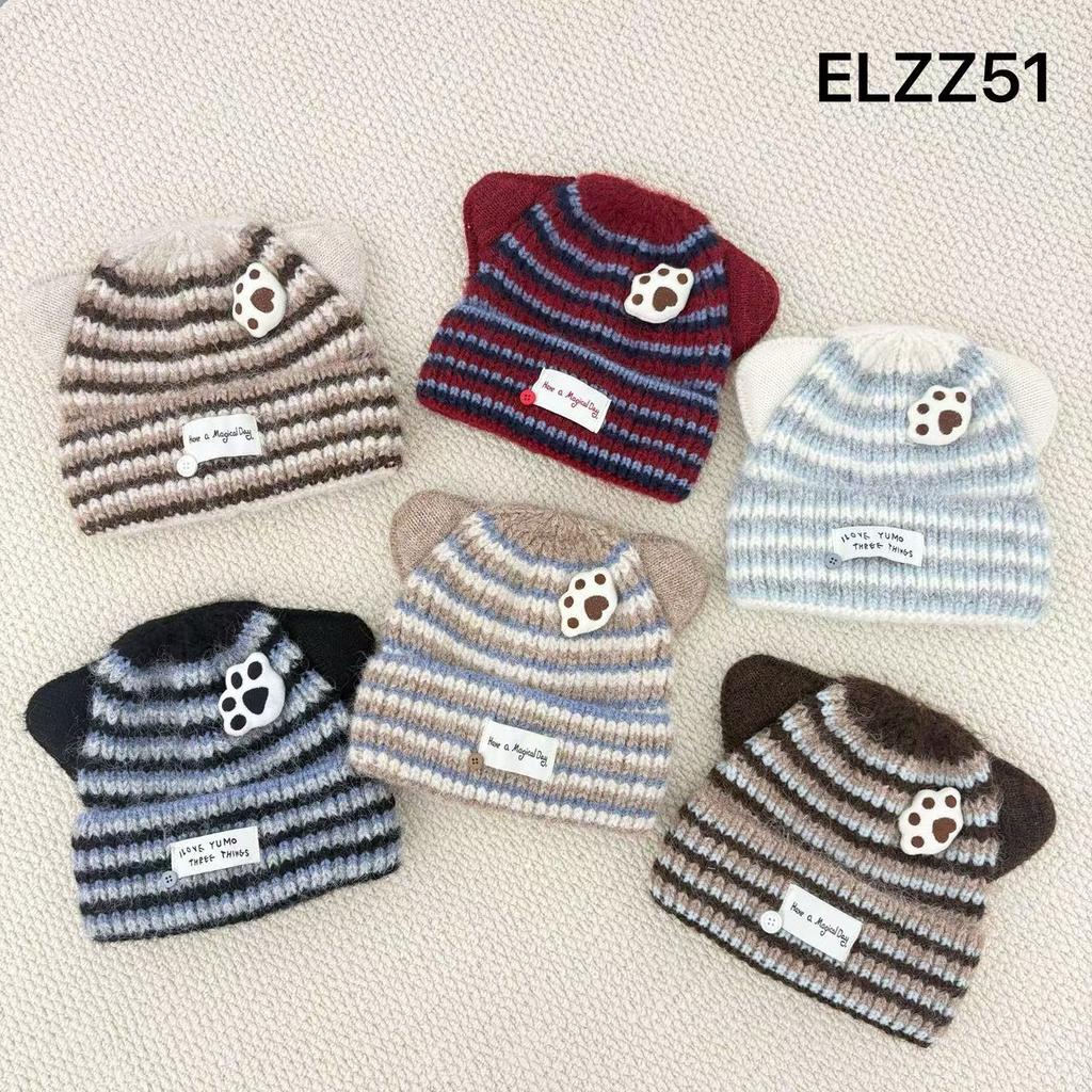 Cute cat paw striped knitted ear hat women's autumn and winter versatile face small wool hat pullover new
