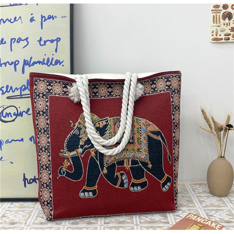 Etnisk stil elefantbroderad damväska hampa rep axelrem broderad mammapåse picknickväska axelväska messengerväska