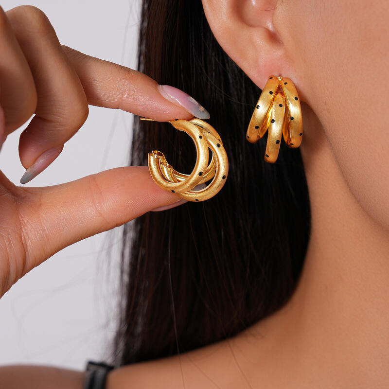 Classic Polka Dot Brushed C-Shaped Earrings for Women Ladies Fashion Metal Three-Layer Stud Earrings Party Jewelry Accessories
