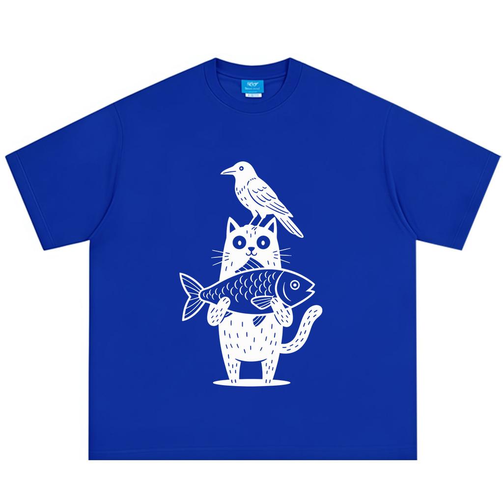Cartoon Cat And Crow Fish Funny Meme Tshirt Unisex Unisex Vintage Fashion Tshirt Summer Shortsleeved Loose Casual Cotton Tshirts