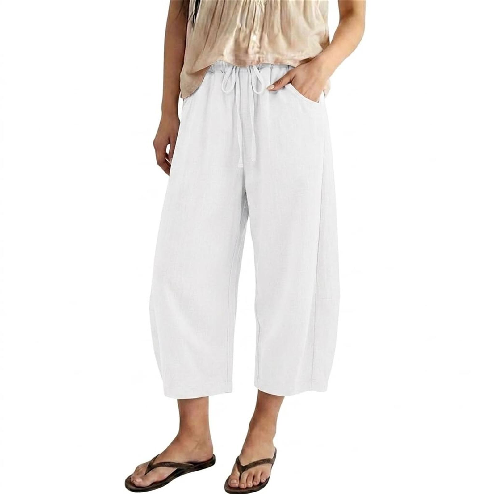 

Women s Short Linen Flared Pants With Drawstring, Wide-Leg Cotton Cropped Pants XL білий