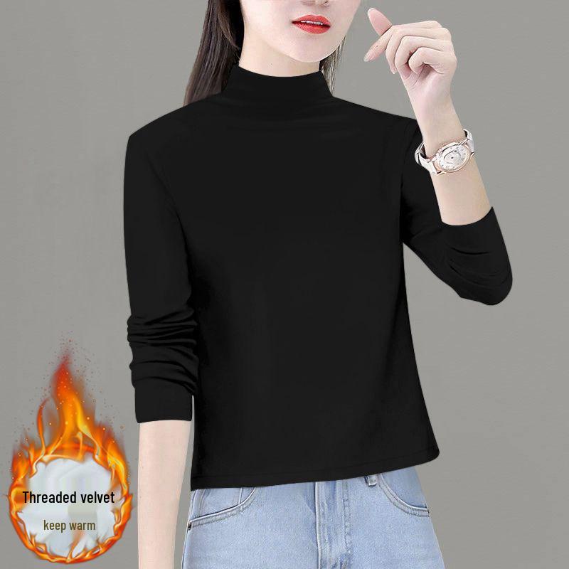 2025 Women's Thickened Double-Sided Velvet Long-Sleeve Semi-High Neck Slim-Fit Top for Autumn/Winter