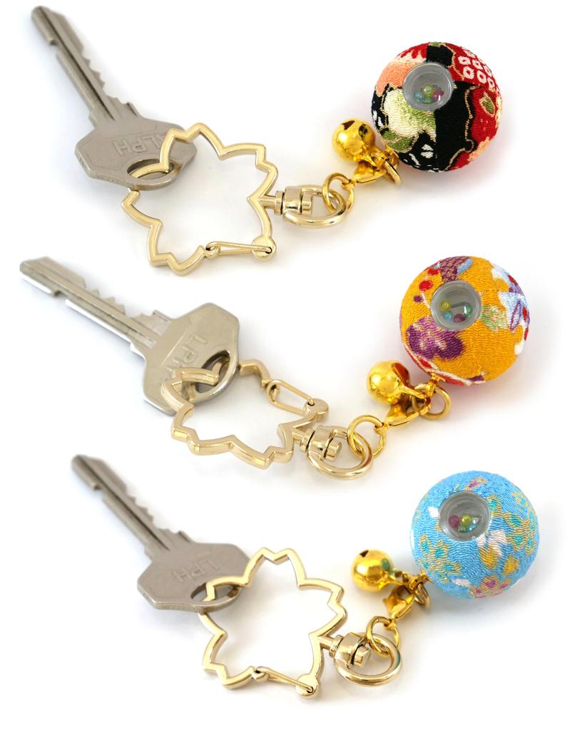 Hana Chirimen Kaleidoscope Japanese Pattern Chirimen Keychain with Bell Made in Japan Souvenir 1 Red and [ZOON] (Set (Sky Blue, Yamabuki, Black))