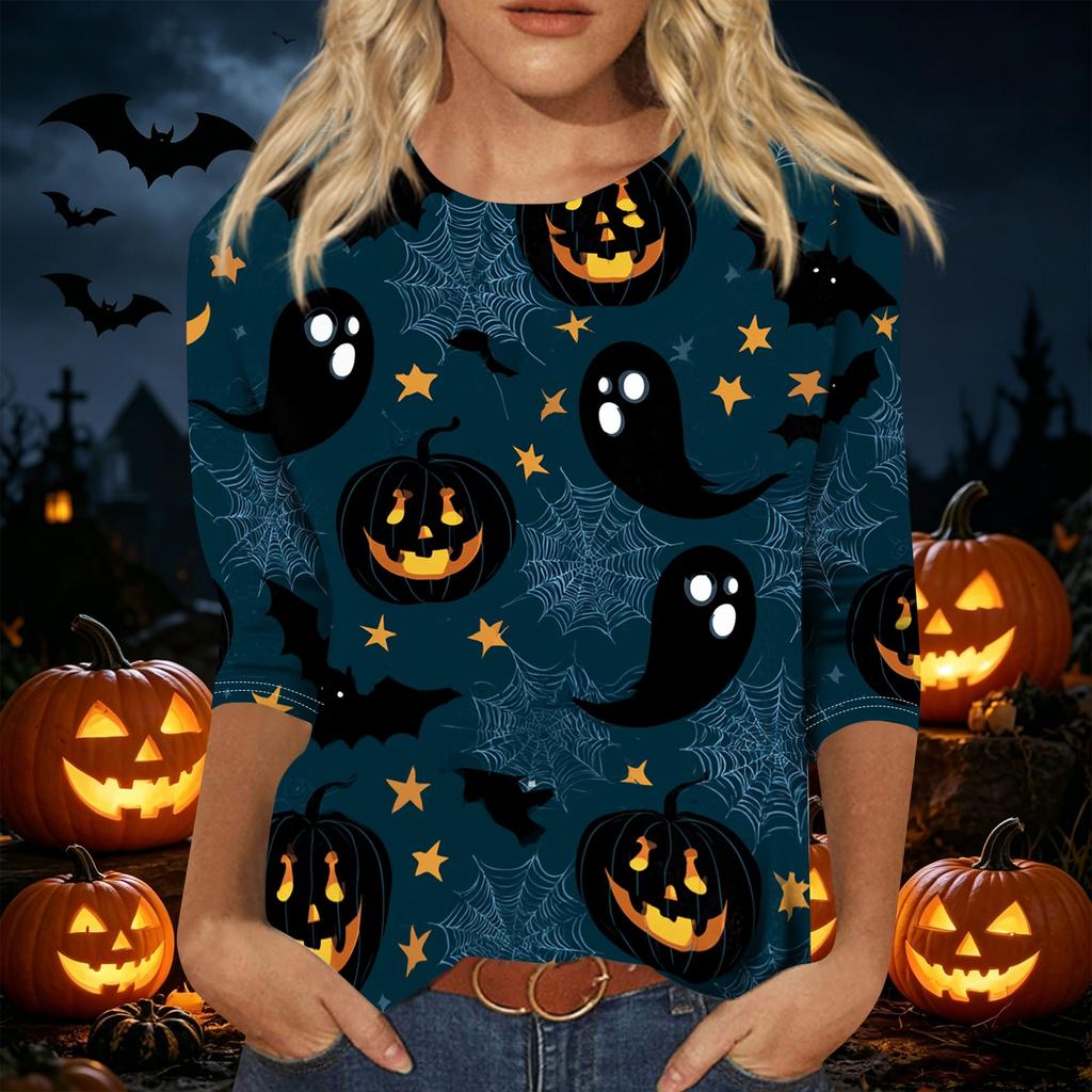 Women's Casual 3/4 Sleeve Halloween Print Pullover Top Crew Neck Lightweight Fall Shirt