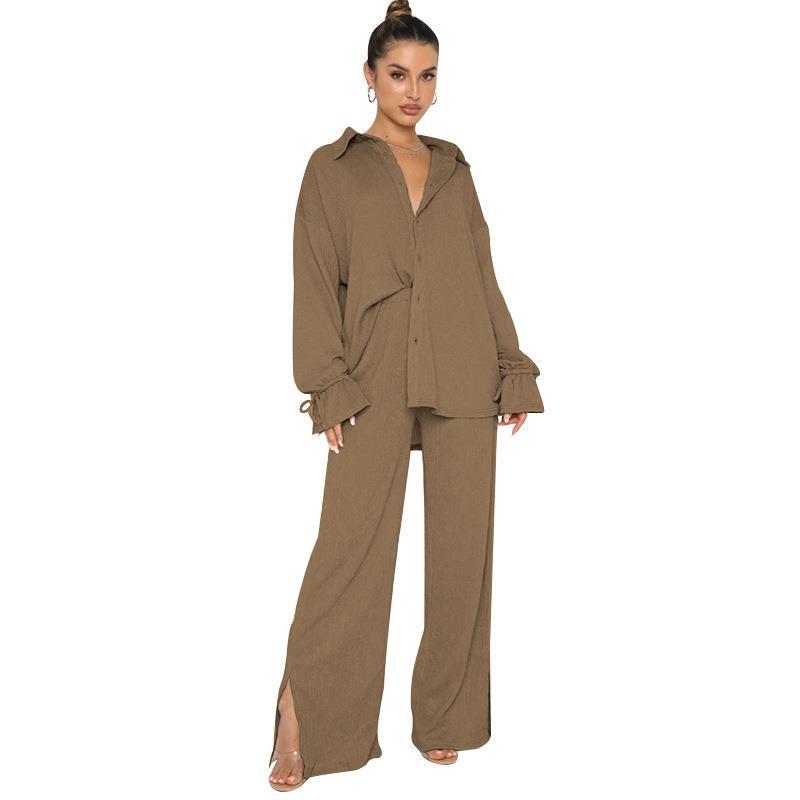 New Women's Fashion Solid Color Lapel Tie-Up Top & Trousers Suit for Spring, Autumn, Winter.