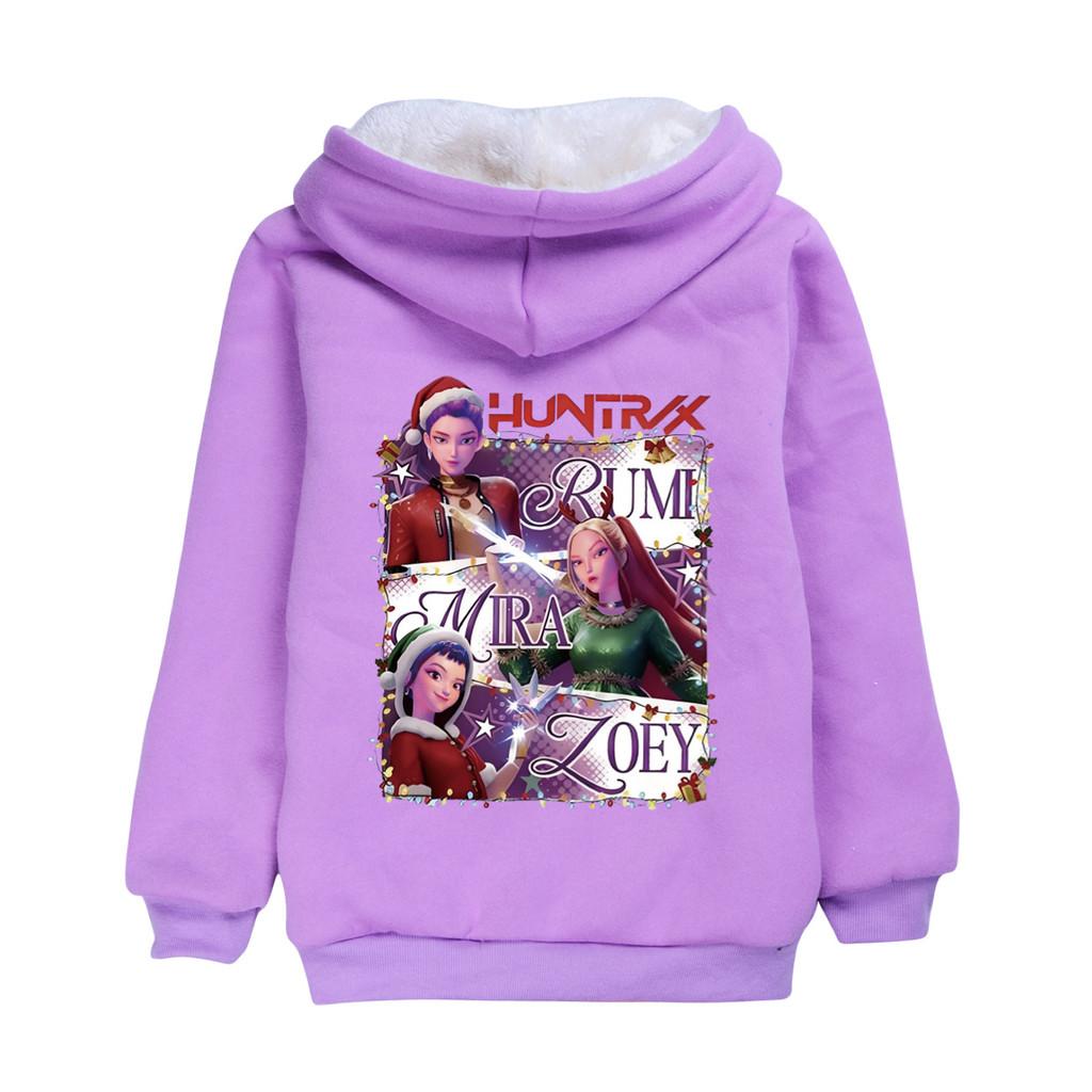 

5091 Kids Girls Kpop Zoey Mira Rumi Christmas New Year Hooded Coat Children Long Sleeves Velvet Warm Jacket 160cm фіолетовий
