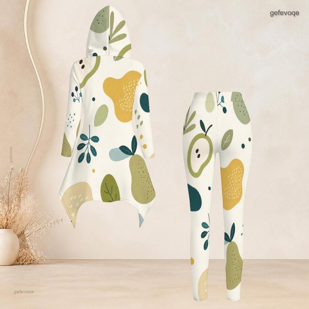 Women Plus Size Hooded Long Sleeve High Low Top Printed Fitted Pants Two Piece Set