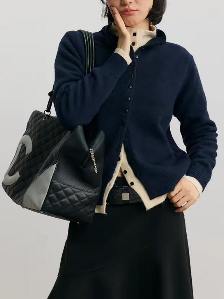 Women's Pure Wool Stand Collar Button-Up Cardigan - Loose Slim Fit Knit Base Layer Top with Long Sleeves for Autumn and Winter