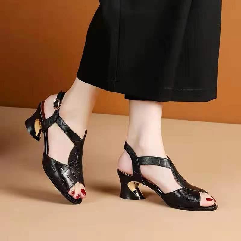 Sandals Women Fish Mouth Medium-heeled 2025 Summer New All-match Back Straps Thick-heeled Women's Shoes with Soft Bottom