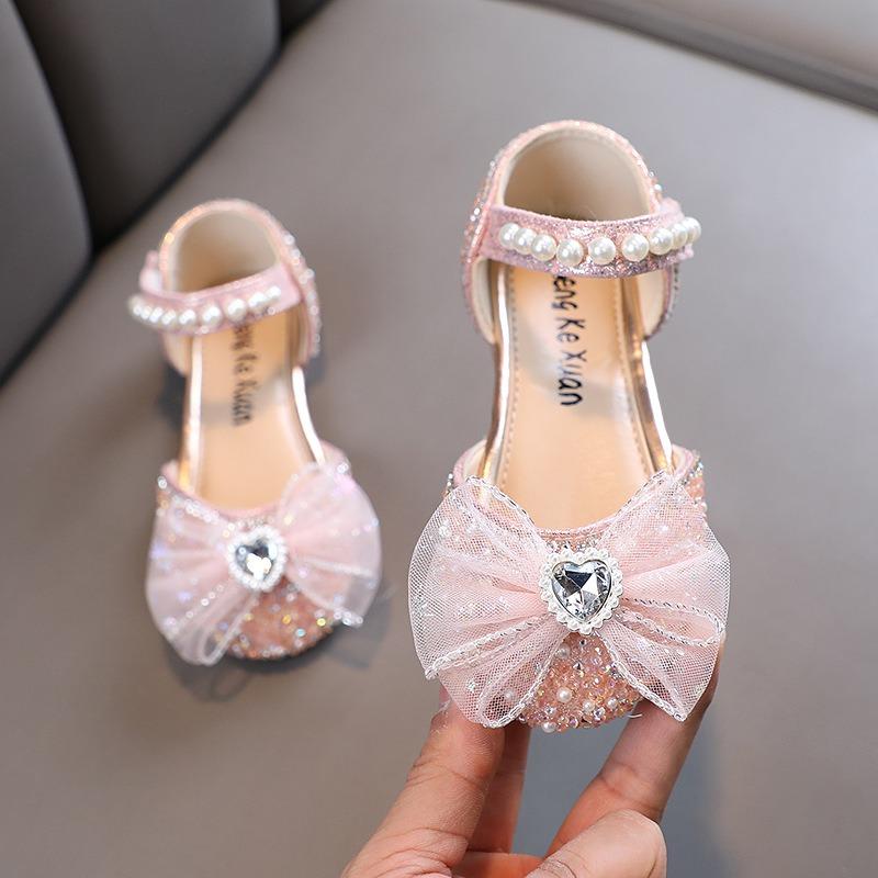 Nuovo stile primaverile fiocco con perle scarpe basse da principessa per bambina, scarpe in pelle, performance di danza