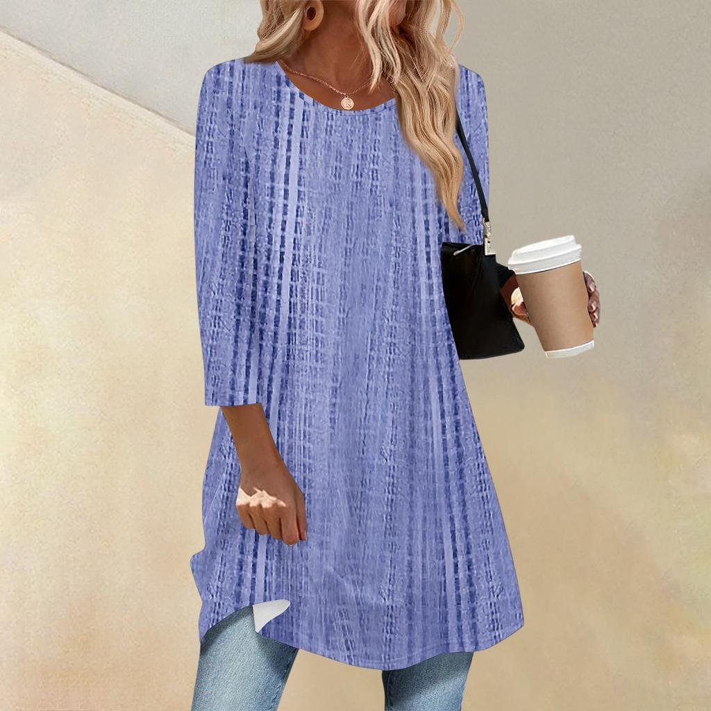 Women's Fashion Casual Three-quarter Sleeve Long Retro Printed Round Neck Top