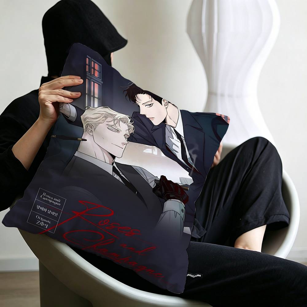 Korean Manhua Roses And Champagne Pillowcase Toon Gift Cushion Cover Bedroom Home Sofa Chair Seat Decor Pillow Case