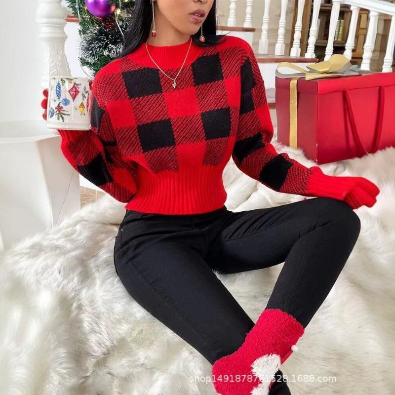 Women S Red Black Plaid Knit Pullover Slim Fit Long Sleeve Sweater