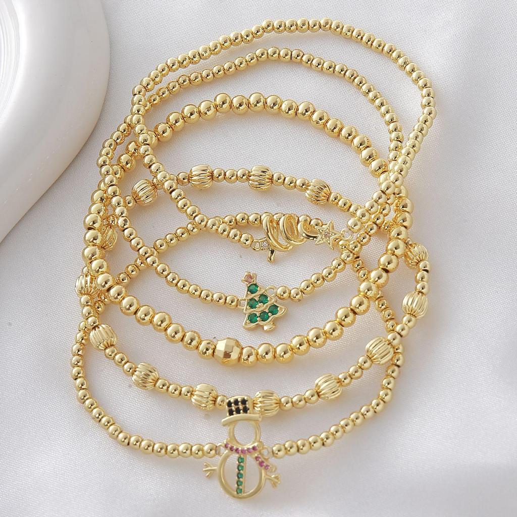 Cross-border Copper Bead Bracelet Set - Christmas Tree, Snowman, Pumpkin Designs - Gold Plated Elastic for Women