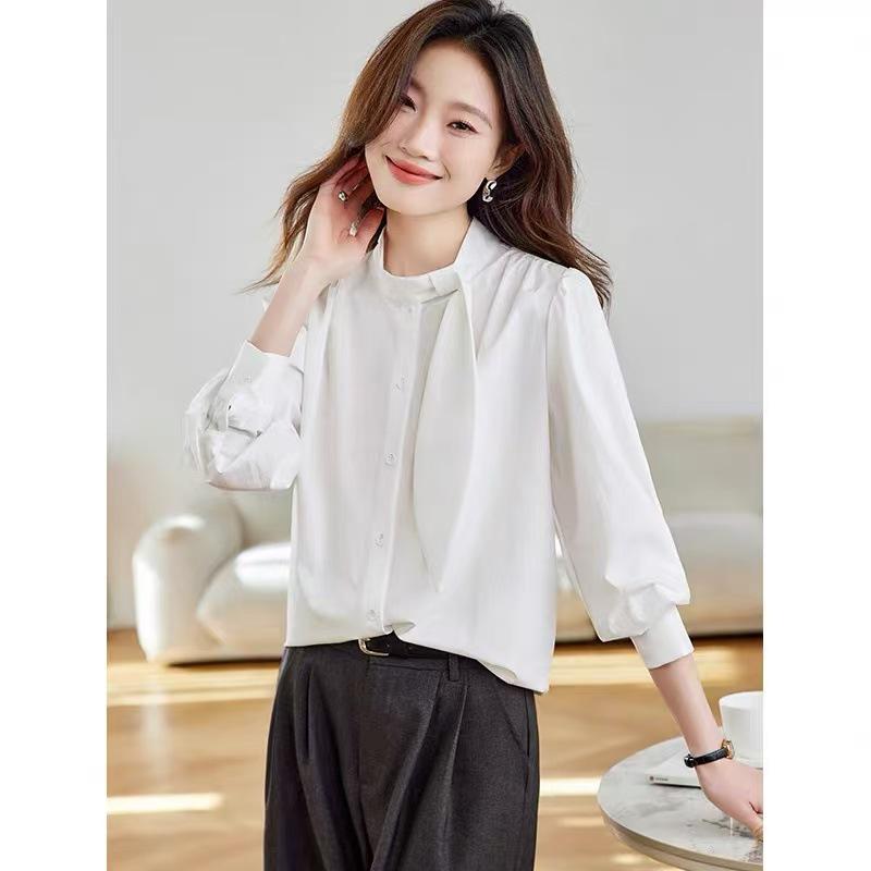 

Elegant French Stand Collar Ribbon Shirt: Versatile Long Sleeve Outerwear for Spring & Autumn L (115-130 lbs) белый