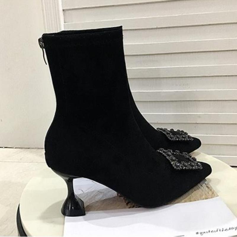 Ankle Boots Women Boots Women Shoes Woman Fashion High-heeled Pointed Flock Spring Autumn Rhinestone Short Boots