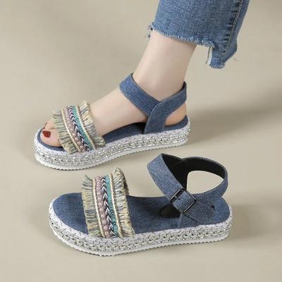 Damenschuhe 2024 Neue Sommer Sandalen Große Größe Dicke Sohle Sandalen Schnalle Hanfseil Flacher Boden Damenschuhe Plateau