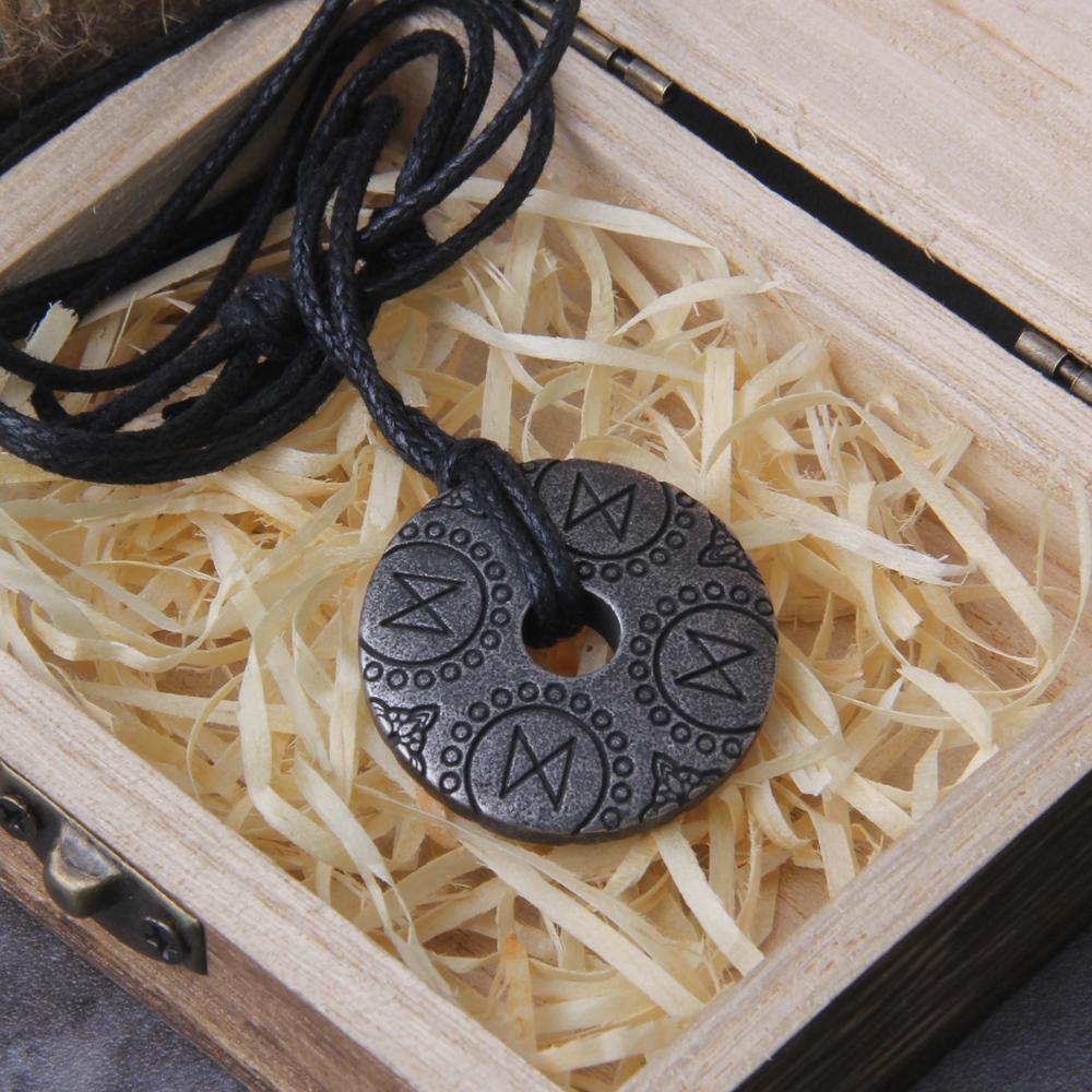 Never Fade Gray Viking Rune Pendant Necklace for Men Adjustable Chain with Wooden Box Gift