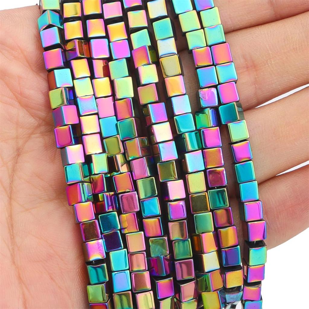 3/4 mm Naturstein, Goldsplitter, mehrfarbig, quadratisch, Würfel, Hämatit, lose Distanzperlen für DIY-Schmuckzubehör